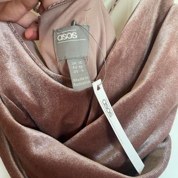ASOS dusty rose gold velvet slip dress with draped bodice and ruffle on bottom - Picture 2 of 5